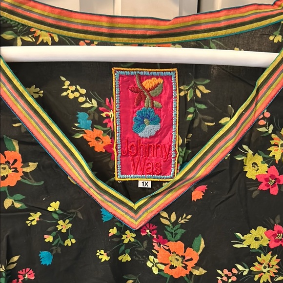 Johnny Was Floral on Black Midi Asymmetrical Cotton Dress Sz 1X - Picture 2 of 5